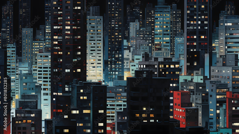 Digital retro skyscrapers at night abstract art design graphic poster web page PPT background
