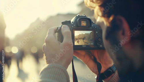 Focused digital camera in summer setting with blurred background creating dynamic depth of field