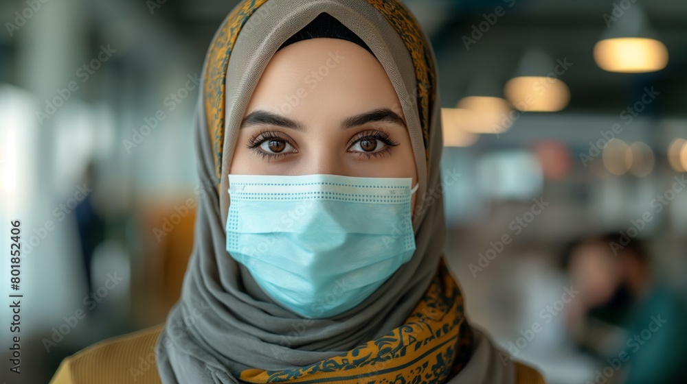 Young Muslim woman with hazel eyes wearing a surgical mask and a grey hijab with yellow patterns, in an indoor setting, showcasing the concept of health safety and cultural identity