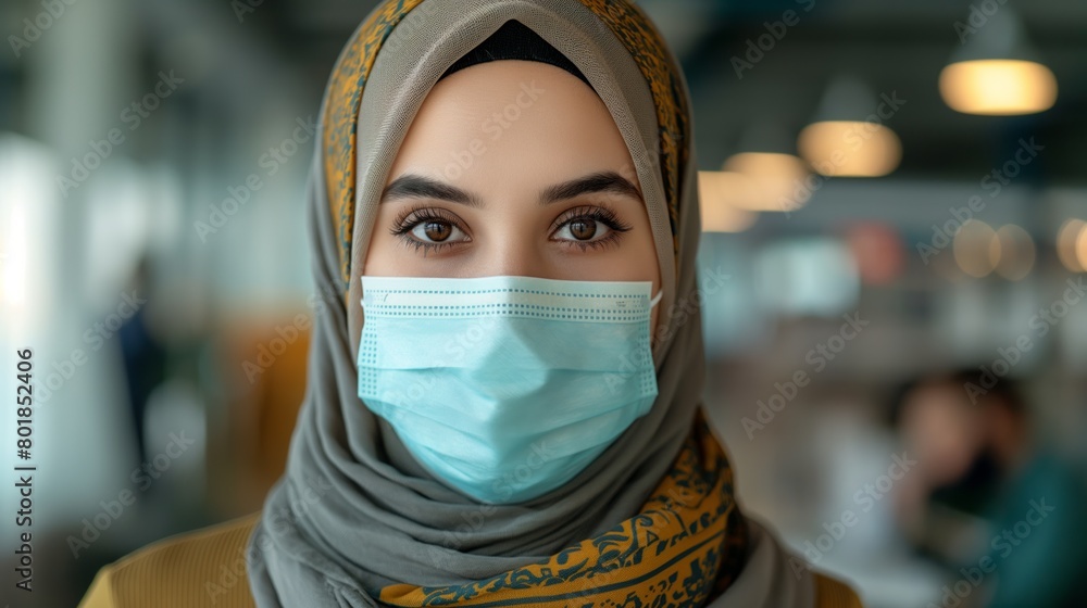 Young Muslim woman with hazel eyes wearing a surgical mask and a grey hijab with yellow patterns, in an indoor setting, showcasing the concept of health safety and cultural identity Young Muslim woman with hazel eyes wearing a surgical mask and a grey hijab with yellow patterns, in an indoor setting, showcasing the concept of health safety and cultural identity
