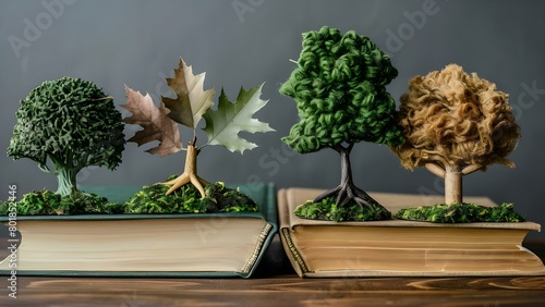 Library books with tree covers pages rustling like leaves on solid background . Concept Book Cover Design, Nature Inspired, Rustic Elegance, Vintage Vibes, Creative Photography photo