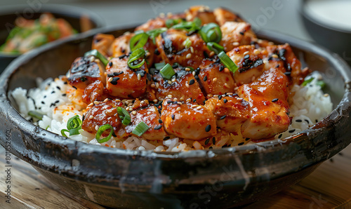 A close-up of a bowl with spicy Korean chicken, rice, and garnish. Generate AI