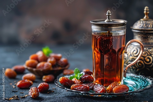 Ramadan food and drinks concept. Ramadan tea and dates fruits on dark background