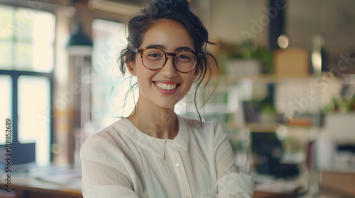 Portrait of beautiful smiling young entrepreneur businesswoman with glasses working in modern work station. copy space for text. copy space for text.