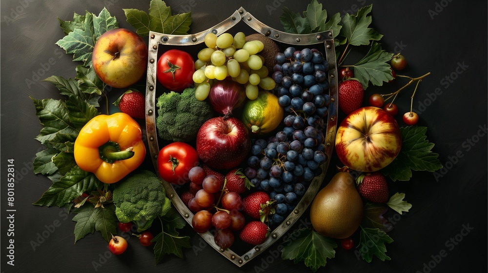 A shield made of fruits and vegetables, representing protection against health-terrifying oxidizing elements,Generative AI illustration.