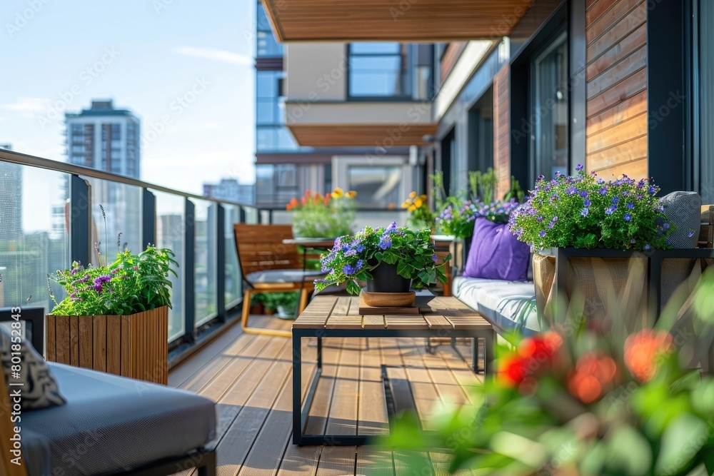 Beautiful of modern terrace with wood deck flooring and fence, green potted flowers plants and outdoors furniture. Cozy relaxing area at home. Sunny stylish balcony terrace in the city
