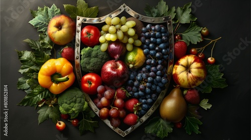 A shield made of fruits and vegetables, representing protection against health-terrifying oxidizing elements,Generative AI illustration. photo