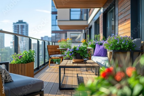 Beautiful of modern terrace with wood deck flooring and fence  green potted flowers plants and outdoors furniture. Cozy relaxing area at home. Sunny stylish balcony terrace in the city