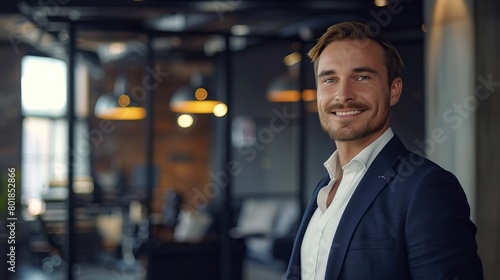 portrait of successful businessman consultant looking at camera and smiling inside modern office building. copy space for text.