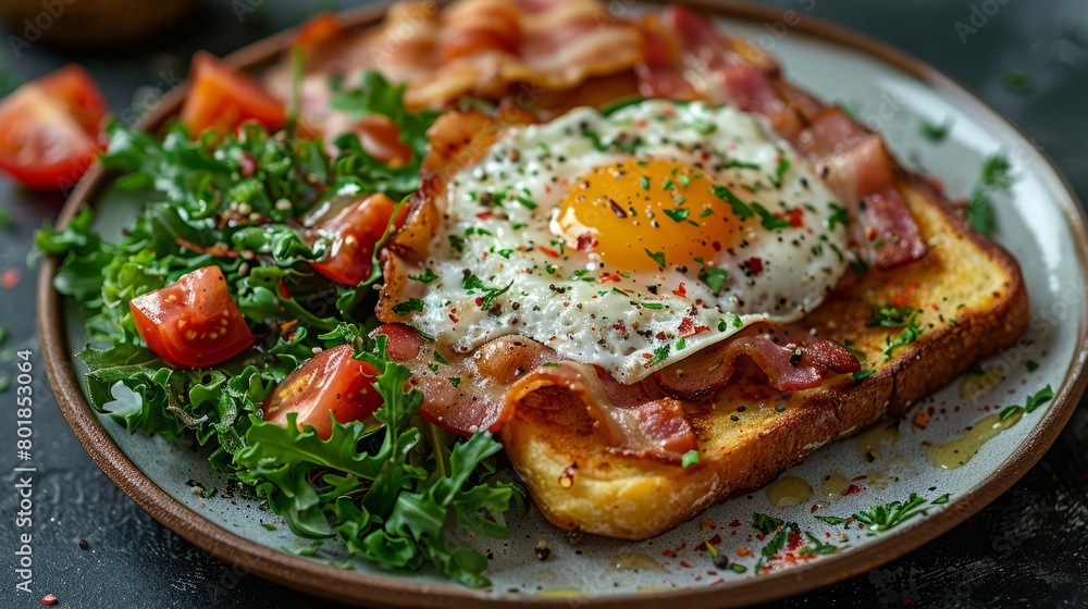 French Toast and Bacon and Salad greens with egg for breakfast. French Toast and Bacon and Salad greens with egg for breakfast.