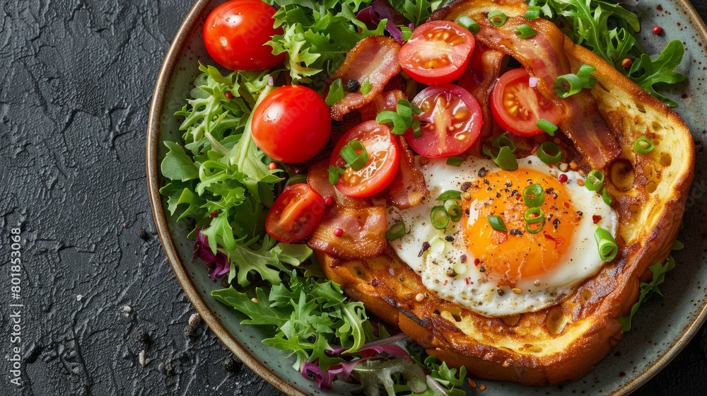 French Toast and Bacon and Salad greens with egg for breakfast. French Toast and Bacon and Salad greens with egg for breakfast.