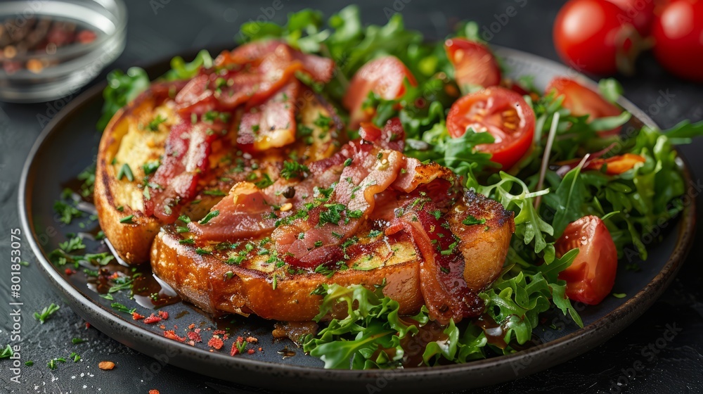 French Toast and Bacon and Salad greens with egg for breakfast. French Toast and Bacon and Salad greens with egg for breakfast.