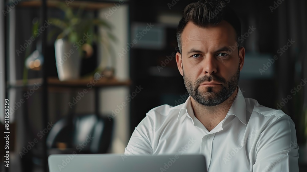 Fototapeta premium Smart handsome businessman in office with laptop looking at camera, copy space for text. high quality photo. copy space for text.