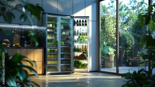 Elegant and sleek design of a high-end kitchen featuring a state-of-the-art glass-door refrigerator filled with healthy edibles