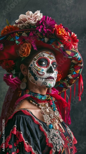 Woman adorned in vibrant Mexican costume full of floral details and intricate jewelry presents cultural heritage
