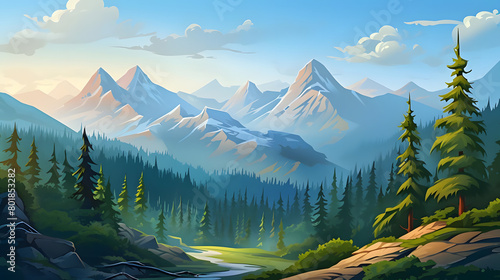 Majestic Mountain Morning, Realistic Landscape, Realistic Mountains Landscape. Vector Background