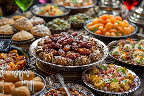 Ramadan iftars marks the end of fasting. Table with dates, Oriental food and sweets. Eid mubarak. Traditional Middle Eastern cuisine, evening meal