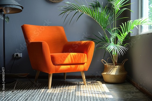 In a room, an orange chair and a plant. Generative Ai