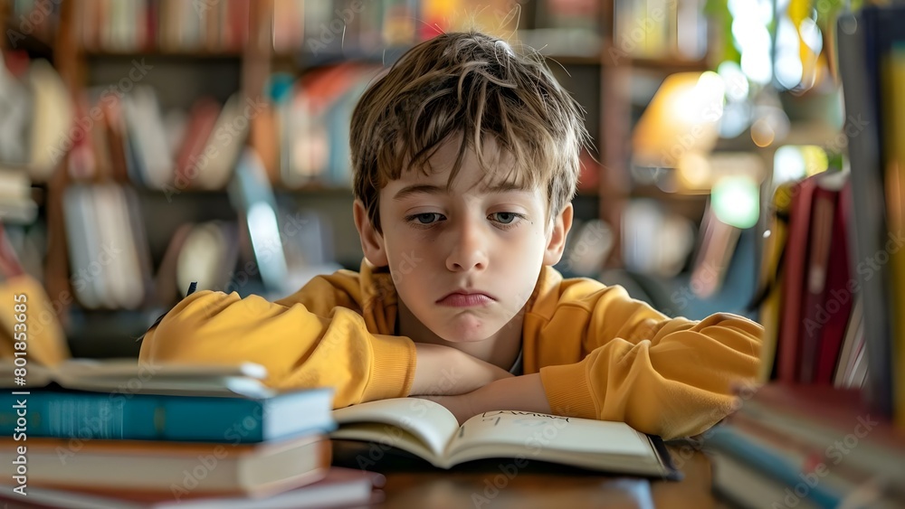 A weary boy struggles with dyslexia while studying with books and notebooks. Concept Learning difficulties, Education challenges, Dyslexia awareness, Student perseverance, Academic support A weary boy struggles with dyslexia while studying with books and notebooks. Concept Learning difficulties, Education challenges, Dyslexia awareness, Student perseverance, Academic support