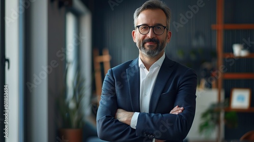 smart successful business person standing in office with crossed arms. copy space for text. high quality photo. copy space for text.