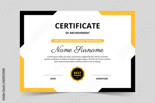 Modern elegant black and yellow certificate template. Appreciation for business and education. Vector illustration