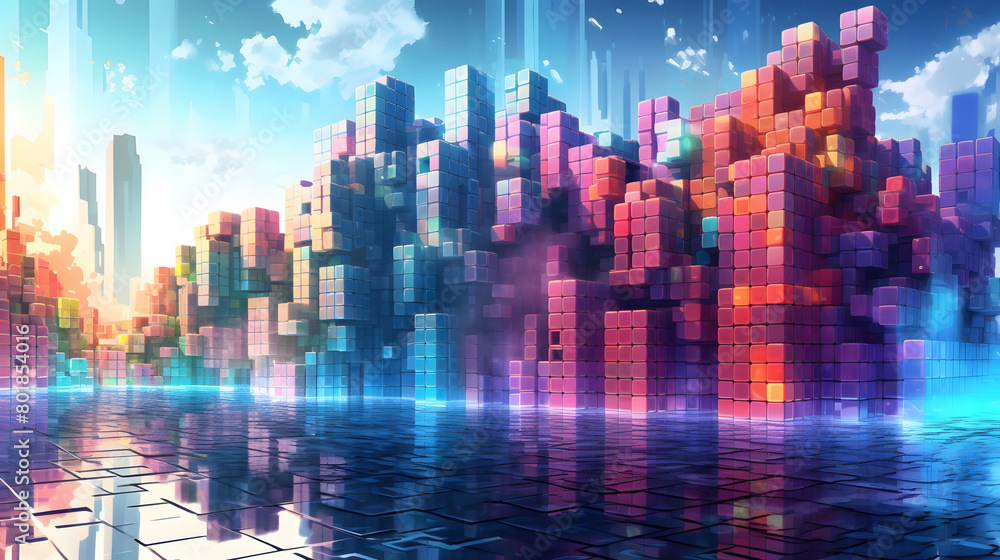 Digital colorful shiny blocks city abstract art design graphic poster web page PPT background