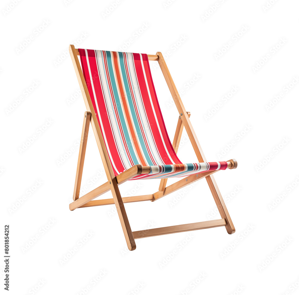 Red and white striped deck beach chair, classic design with wooden frame, isolated on transparent background. Generative AI