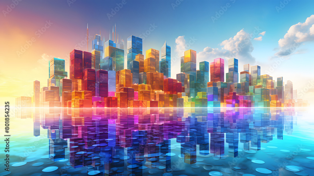 Digital colorful shiny blocks city abstract art design graphic poster web page PPT background