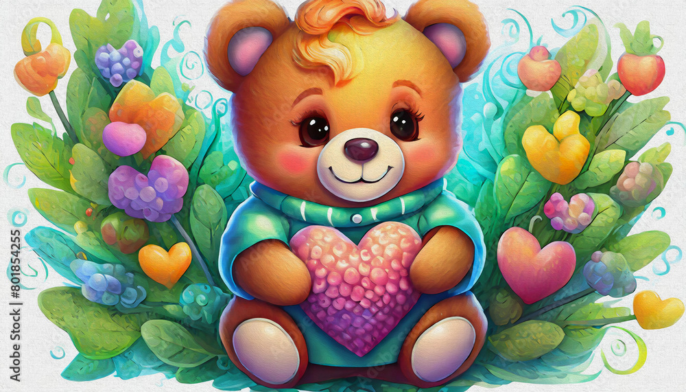 Fototapeta premium oil painting style CARTOON CHARACTER CUTE baby teddy bear holding a heart shape isolated on white background, 