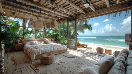 A cozy, well-decorated bedroom in a tropical hut with stunning views of the white sandy beach and crystal clear water