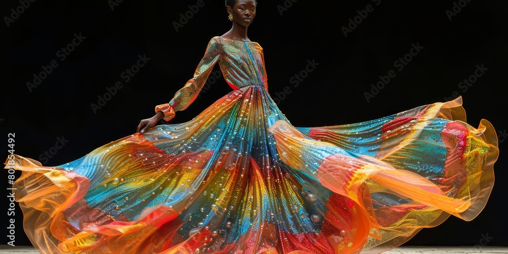 High fashion gown made of iridescent bubbles floating up in a seamless, looping skirt trail 