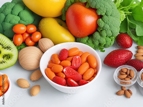 Concept of health in medicine. vitamin and nutritional supplements in the form of nutrient pills containing fruit  vegetables  nuts  and beans.