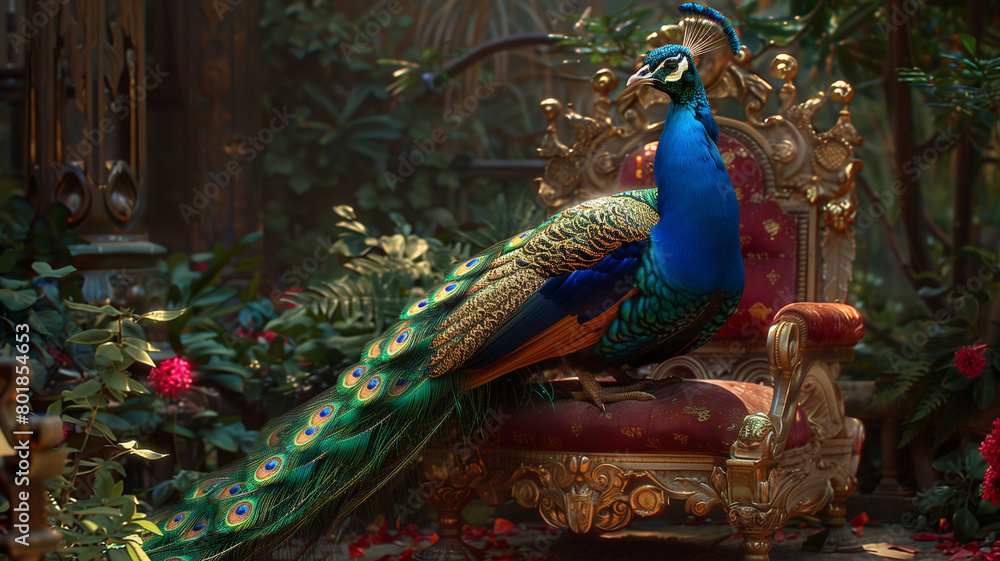Obraz premium Majestic Peacock on a Royal Throne in Lush Garden