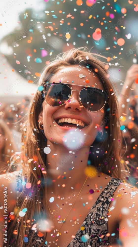A woman in sunglasses is surrounded by confetti A woman in sunglasses is surrounded by confetti