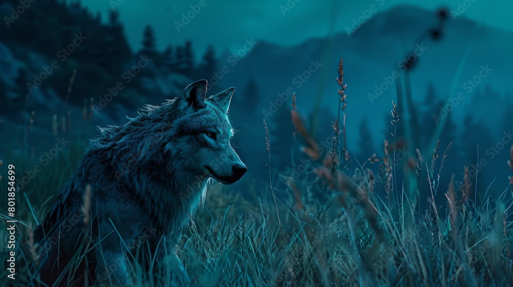 Naklejka premium A lone wolf sitting in a field of tall grass