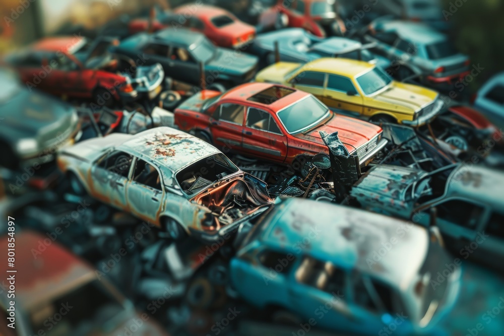 ..Junkyard pile towers with rusting abandoned cars, eerie and chaotic ..Junkyard pile towers with rusting abandoned cars, eerie and chaotic