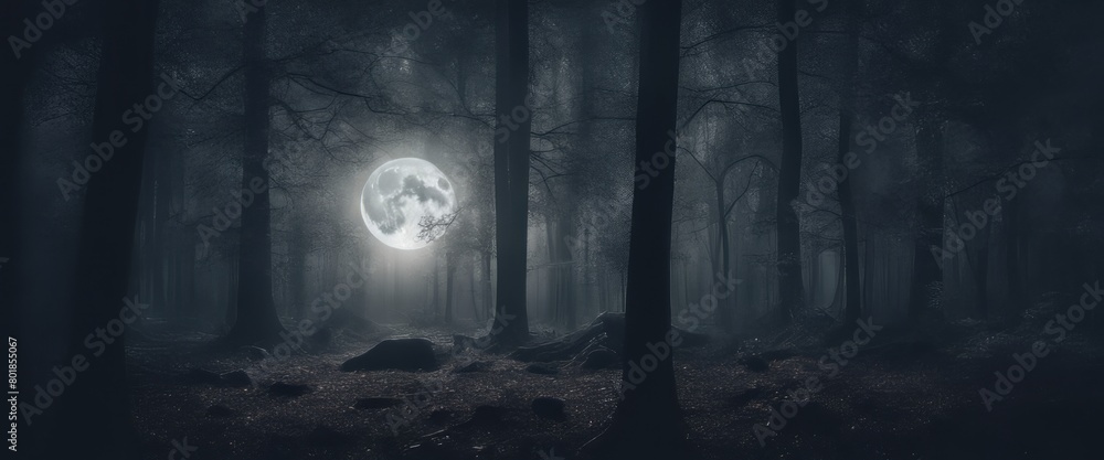full moon in dark woods at night, fantasy forest panorama full moon in dark woods at night, fantasy forest panorama