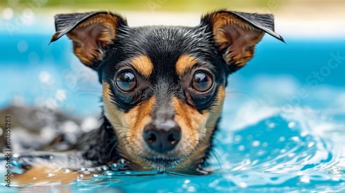 Miniature pinscher swimming in vibrant blue water with illuminated fur in cheerful setting
