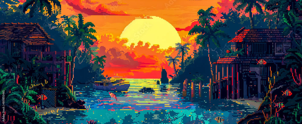 Obraz premium Pixel art coral maze with lurking assassin, tropical fish palette, sunset