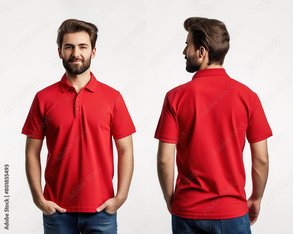Front and back views of a man wearing a red polo shirt mockup template Front and back views of a man wearing a red polo shirt mockup template