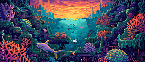 Pixel art coral maze with lurking assassin tropical fish palette © Paphawin
