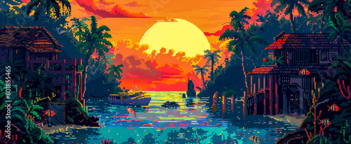 Pixel art coral maze with lurking assassin  tropical fish palette  sunset