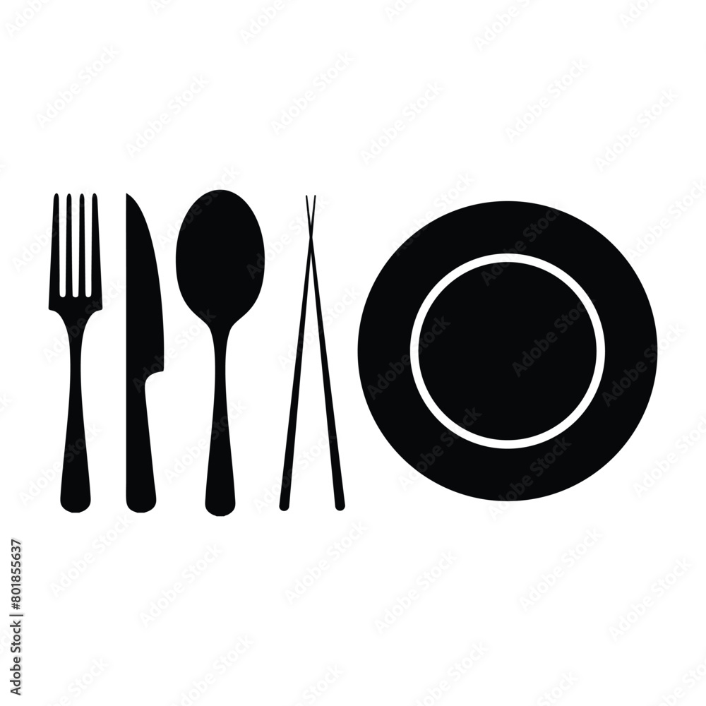 Fork, spoon, knife, plate and chopsticks icon Vector illustration Fork, spoon, knife, plate and chopsticks icon Vector illustration