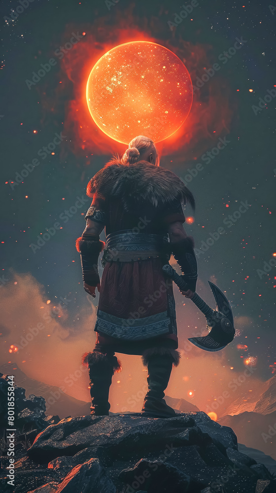 Viking warrior watching a lunar eclipse with a distant supernova moody night