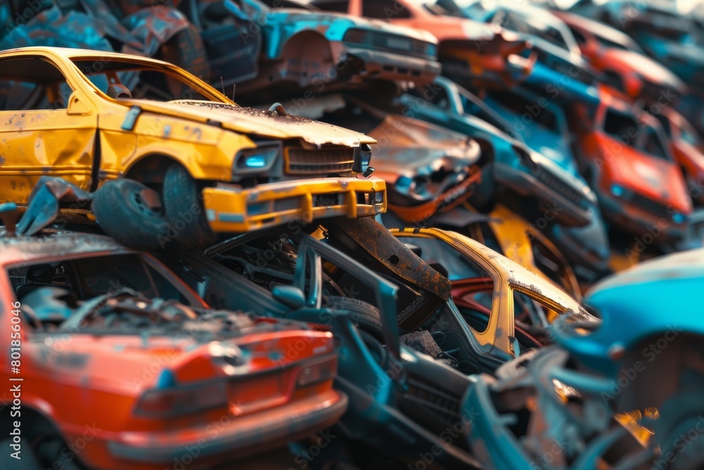 ..Junkyard pile towers with rusting abandoned cars, eerie and chaotic