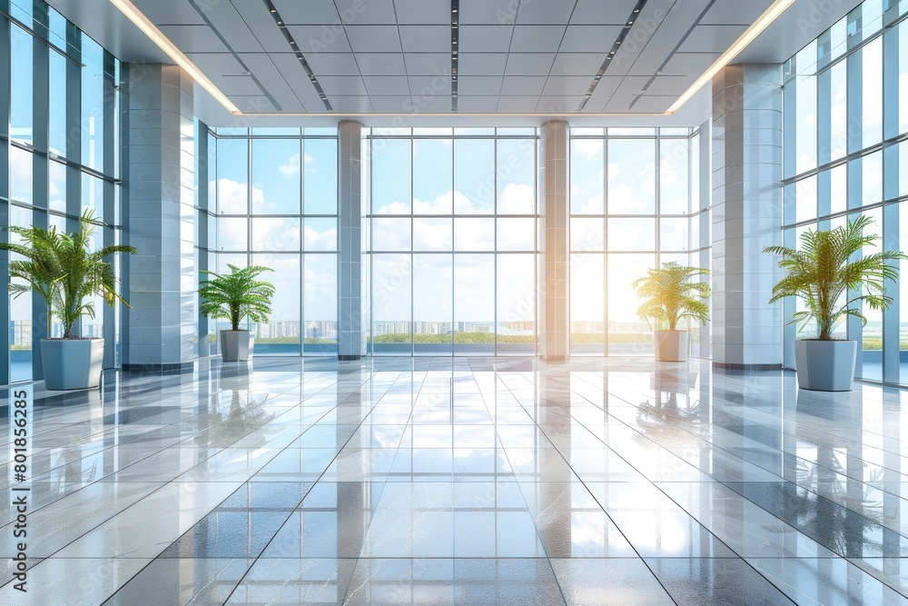 Beautiful scene business office background. Lobby reception hall interior or empty indoor foyer meeting room with blurry light from glass wall window
