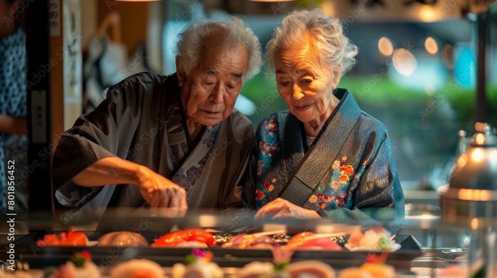 An elderly couple are looking at the menu in a sushi restaurant. An elderly couple are looking at the menu in a sushi restaurant.