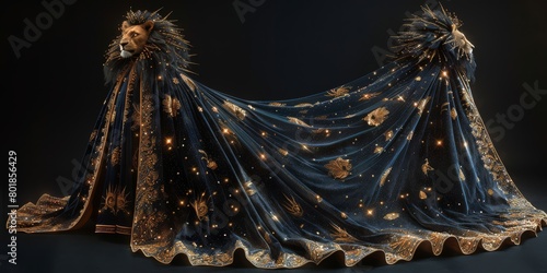 Regal royal attire with a billowing cape emblazoned with a roaring lion's mane pattern