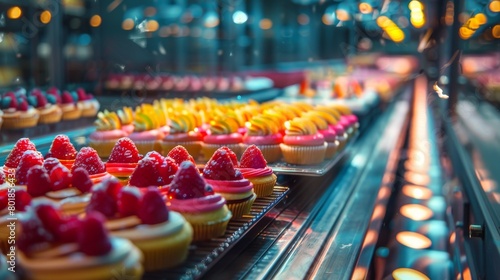 Close-up of a variety of colorful cupcakes and pastries in a bakery case.