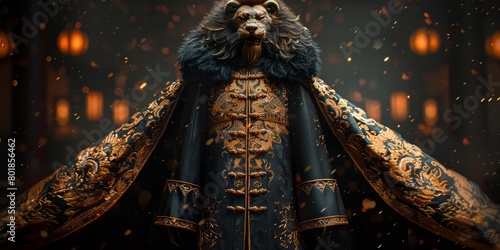 Regal royal attire with a billowing cape emblazoned with a roaring lion's mane pattern photo